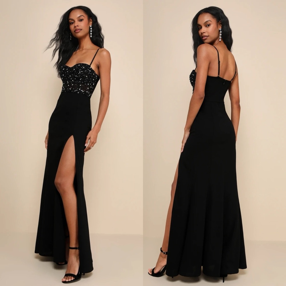 LULUS Luxe Allure Black Beaded Rhinestone Bustier Maxi Dress